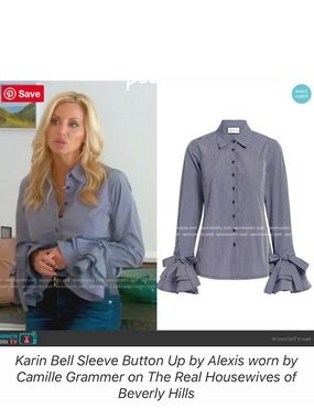 Alexis Karin Two Tone Blue Stripe Bell Tie Sleeve Button Up Top